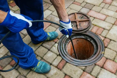 Plumber cleaning an outdoor sewer drain in Temple City