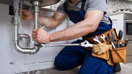 Plumber repairing pipes beneath a sink in Temple City